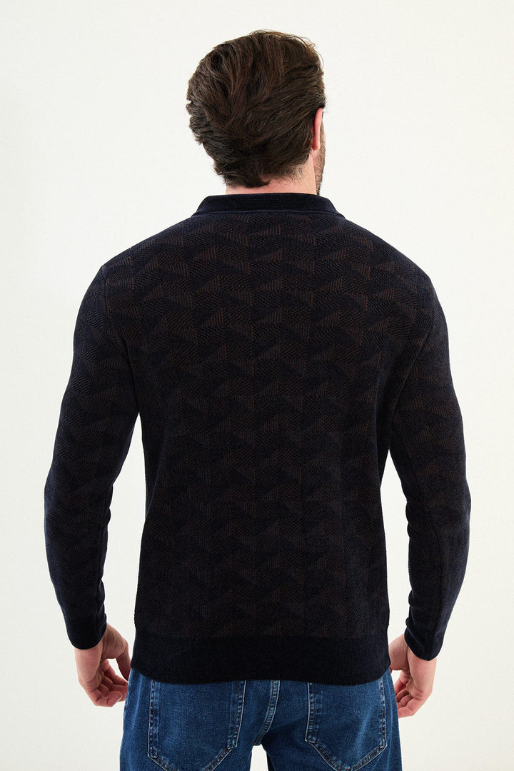 Geo Weave Zip Polo Sweater - Navy Blue