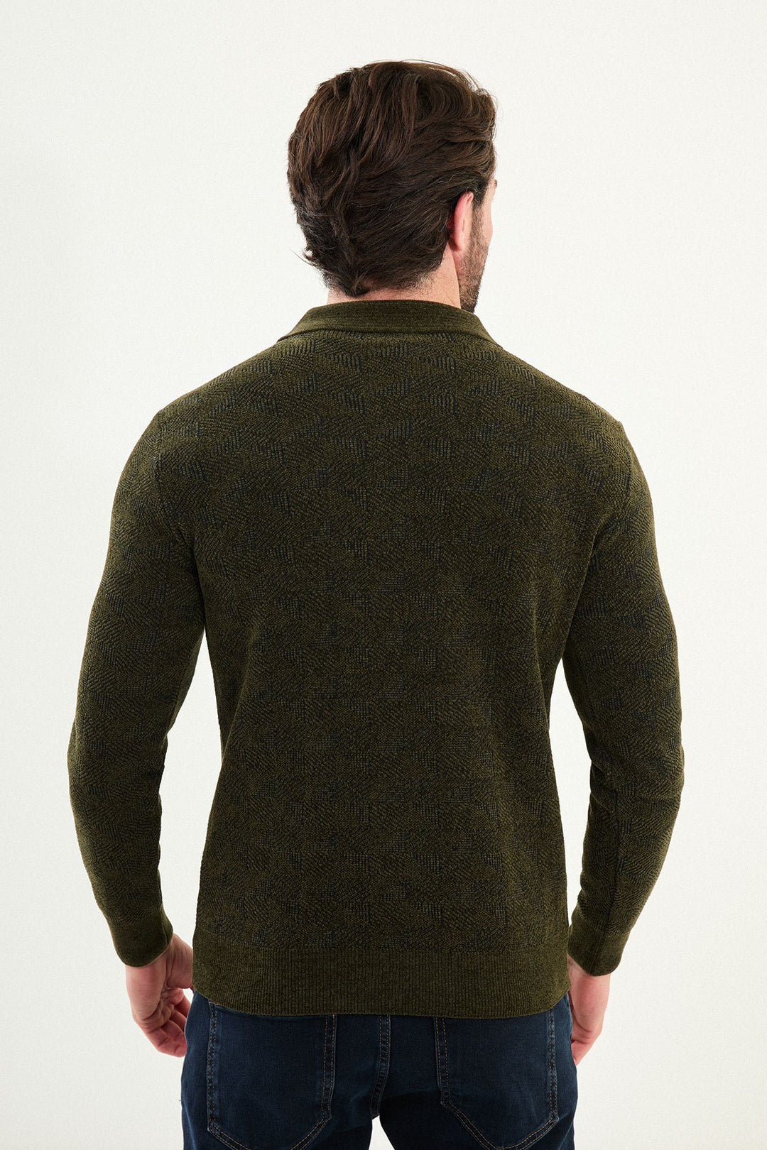 Geo Weave Zip Polo Sweater - Khaki