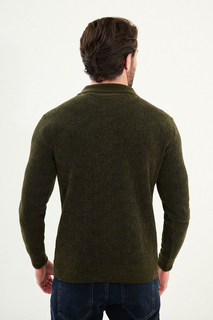Geo Weave Zip Polo Sweater - Khaki