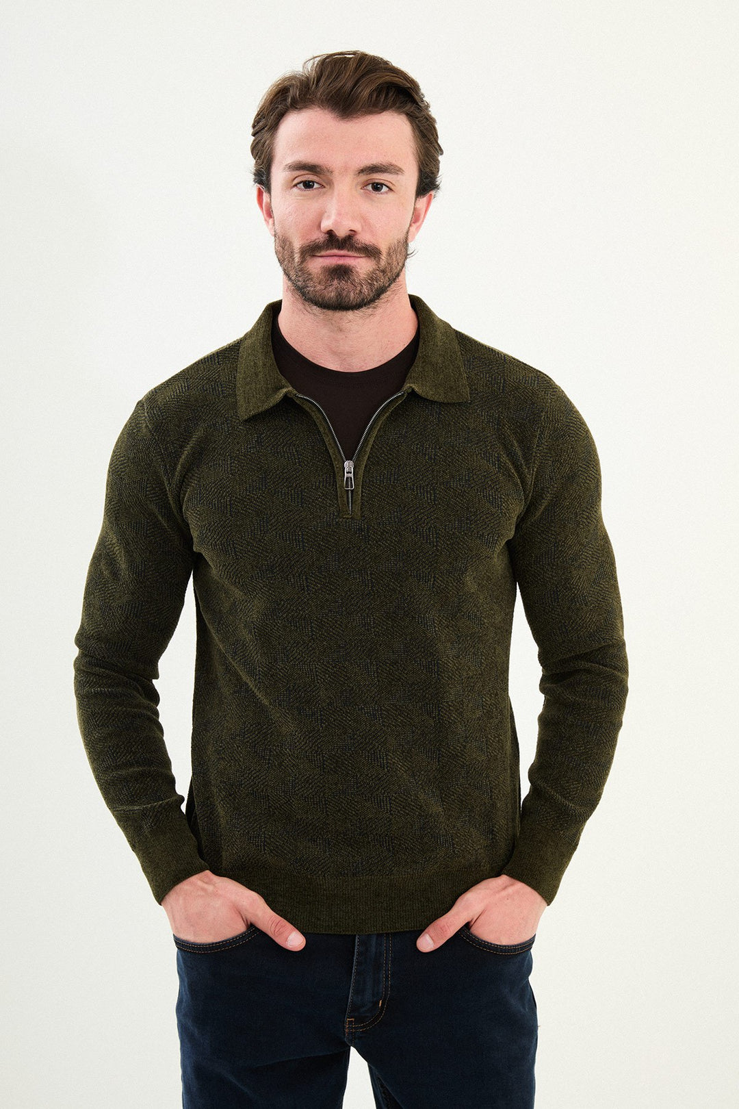 Geo Weave Zip Polo Sweater - Khaki