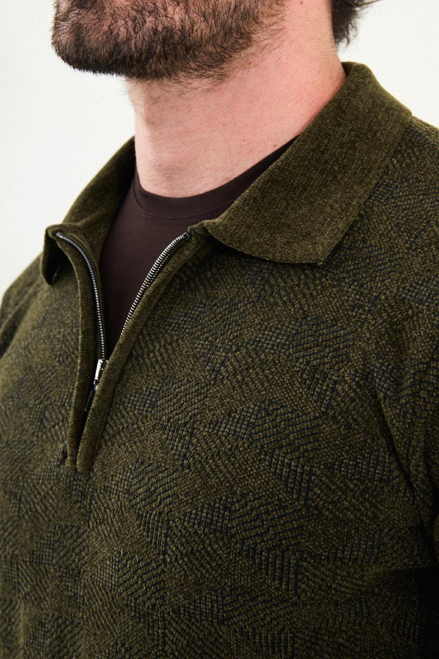 Geo Weave Zip Polo Sweater - Khaki
