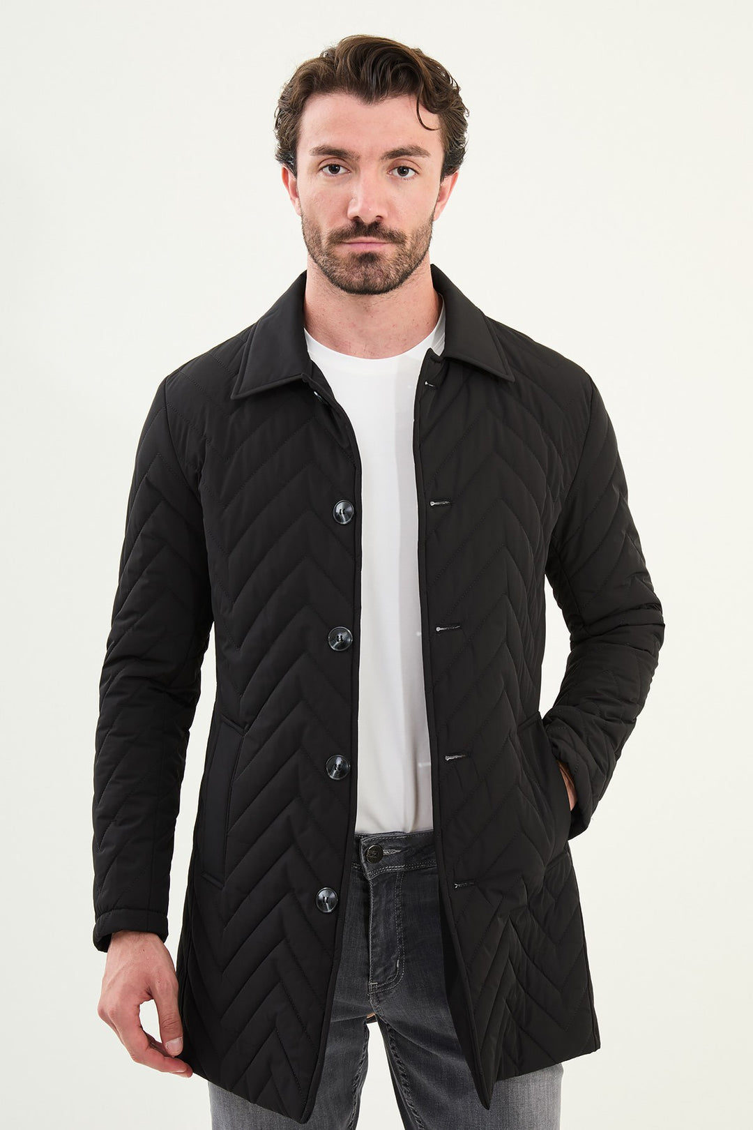 Chevron Quilted Button Jacket - Black