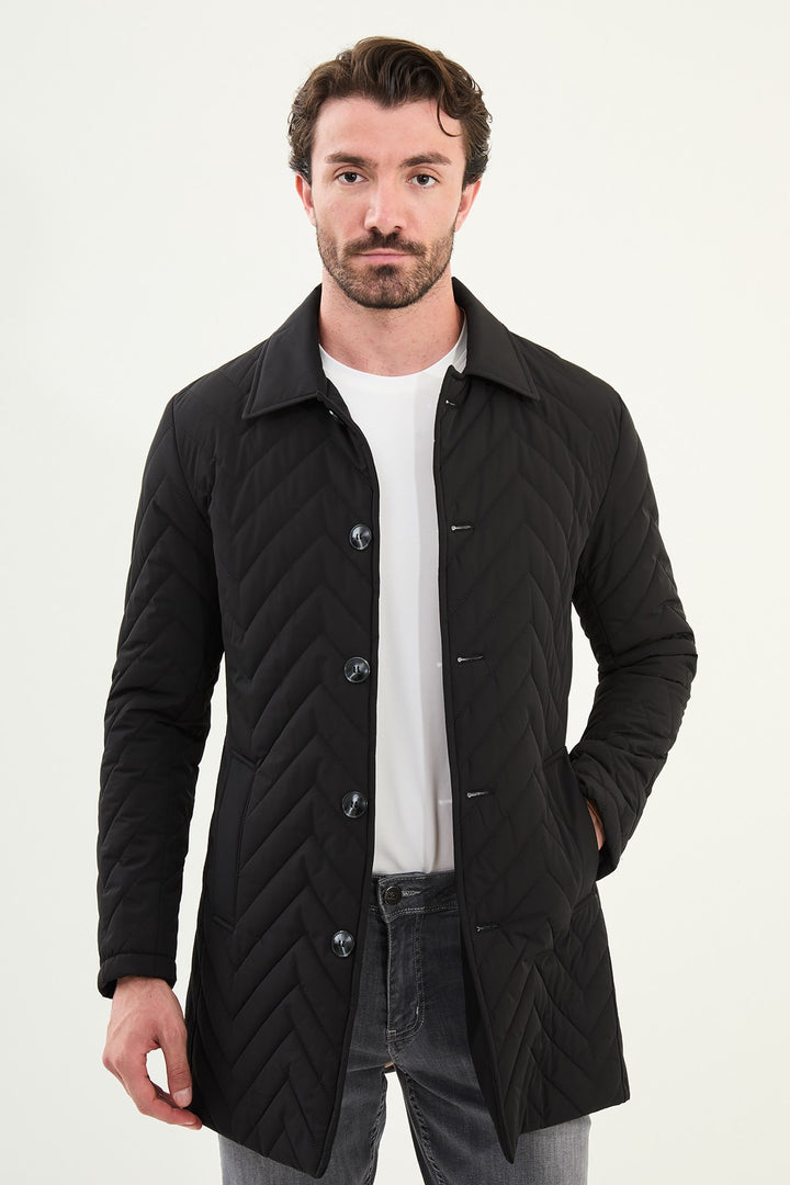 Chevron Quilted Button Jacket - Black