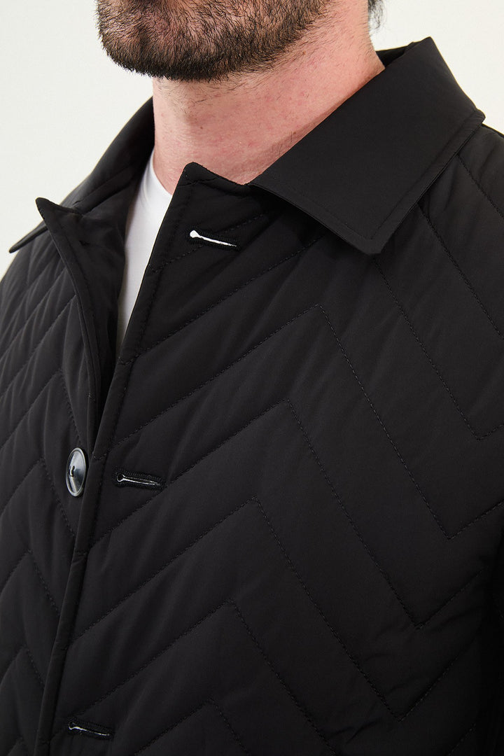 Chevron Quilted Button Jacket - Black
