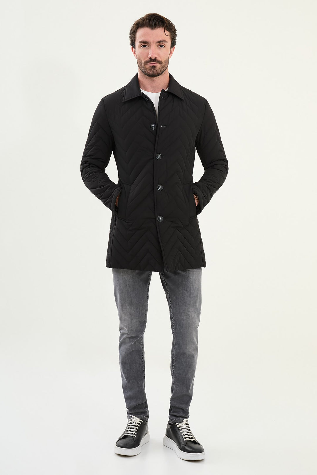 Chevron Quilted Button Jacket - Black