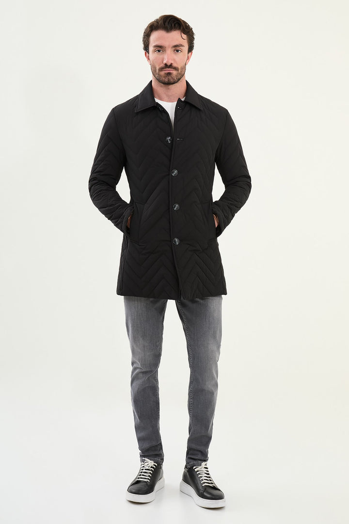 Chevron Quilted Button Jacket - Black