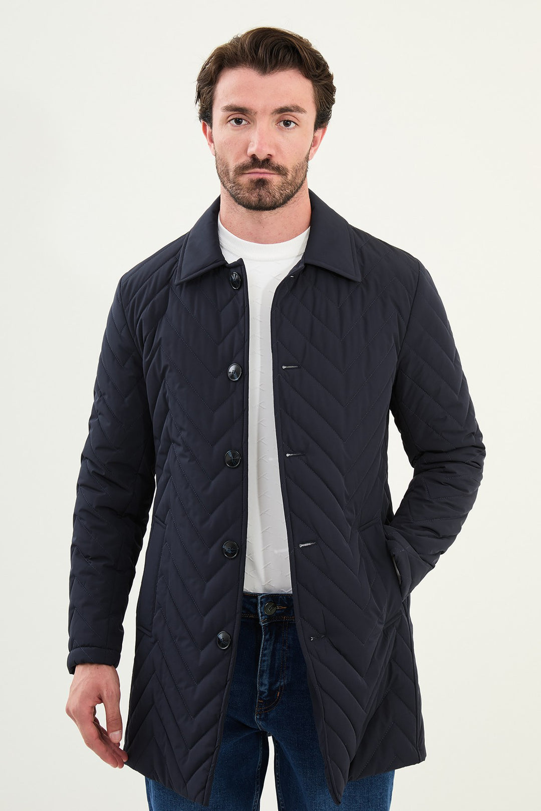 Chevron Quilted Button Jacket - Navy Blue