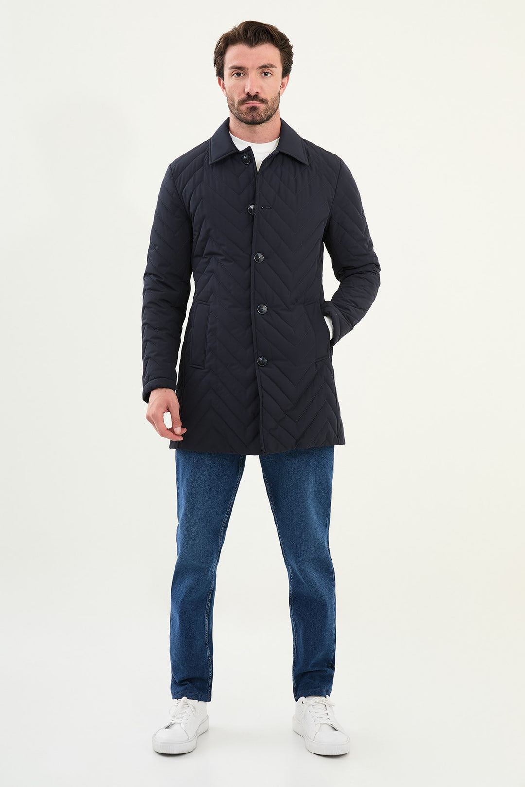 Chevron Quilted Button Jacket - Navy Blue