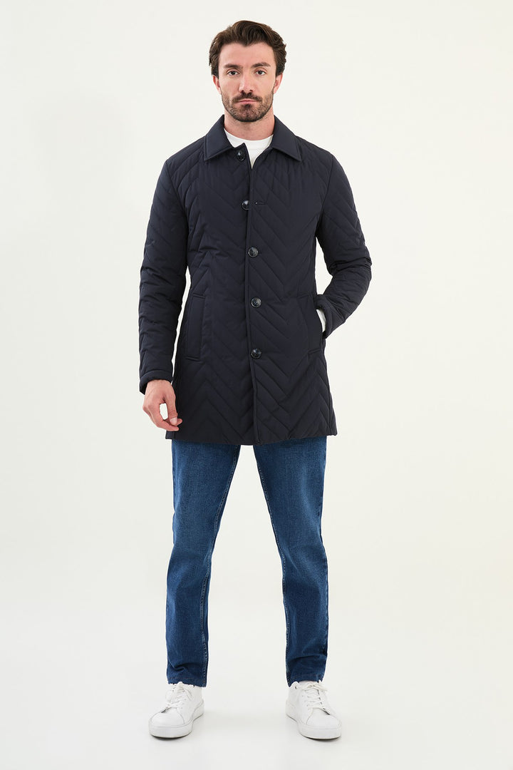 Chevron Quilted Button Jacket - Navy Blue