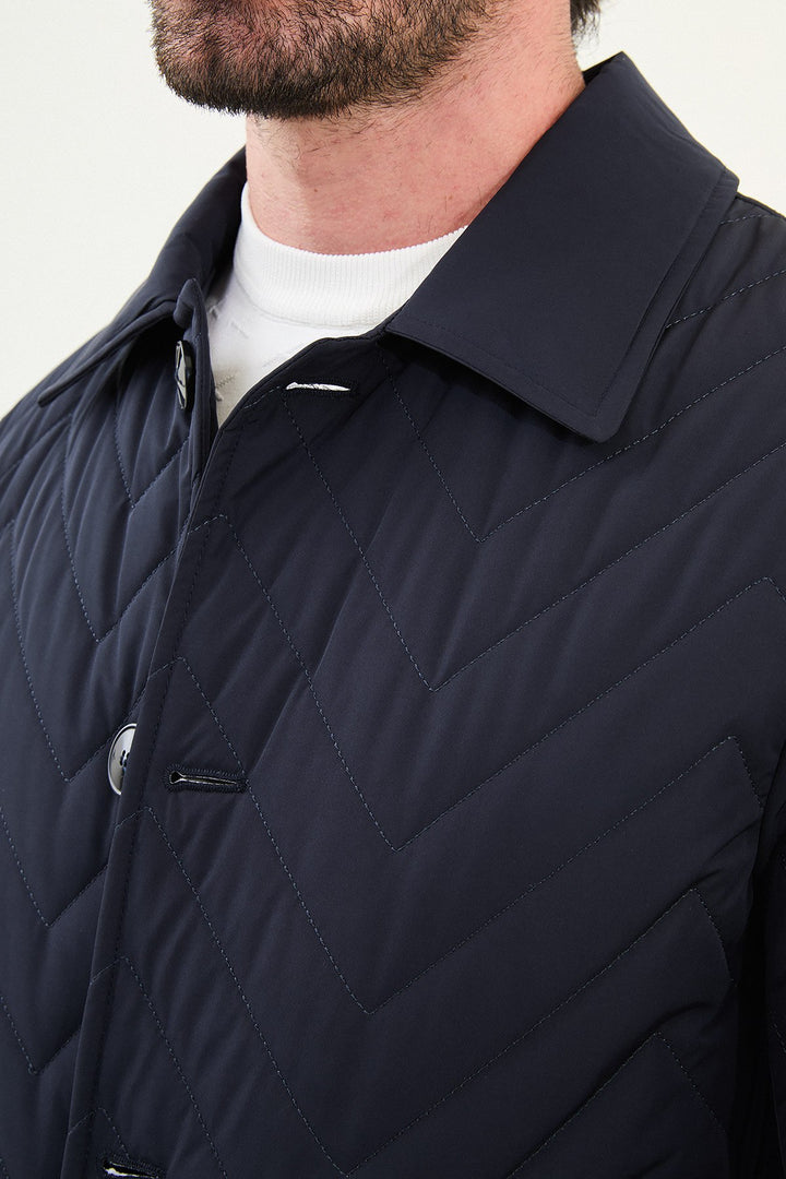 Chevron Quilted Button Jacket - Navy Blue