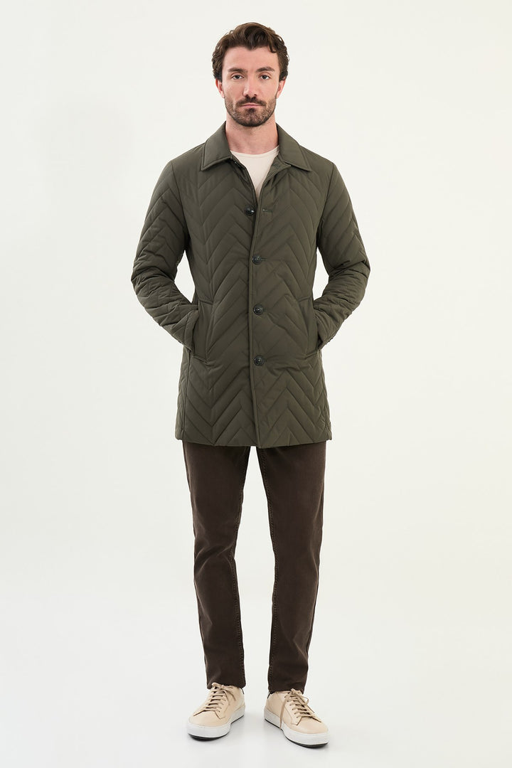 Chevron Quilted Button Jacket - Green