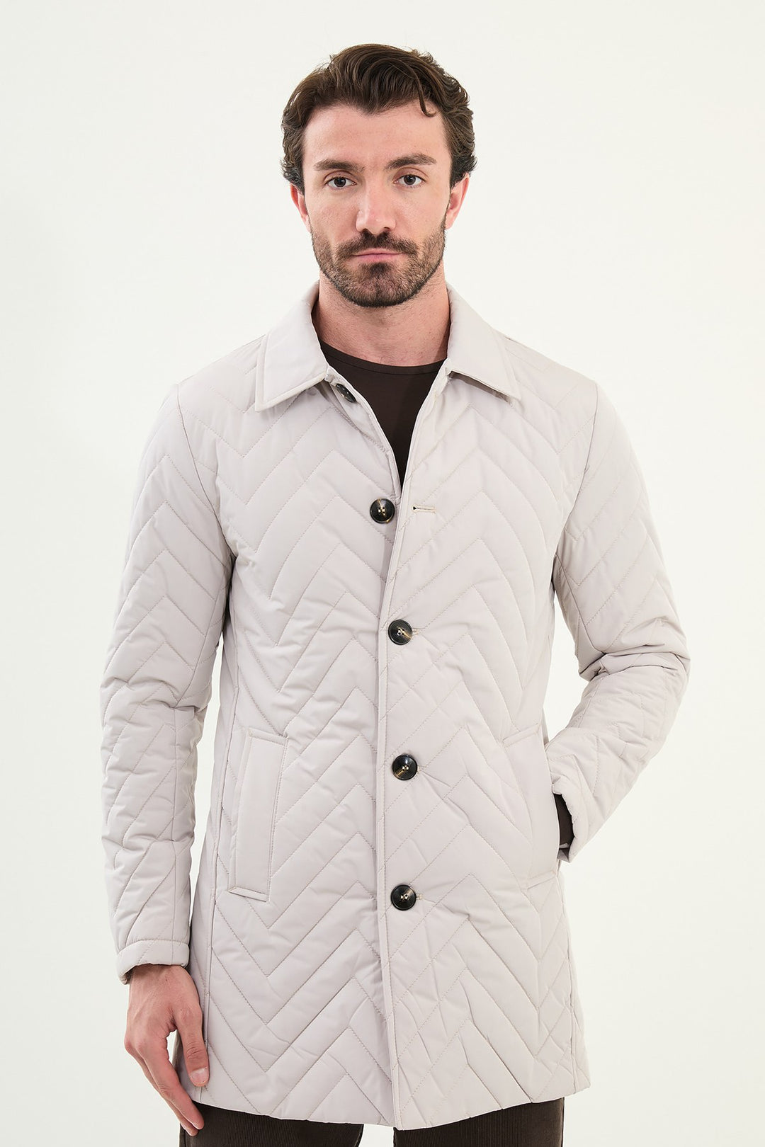 Chevron Quilted Button Jacket - Ecru
