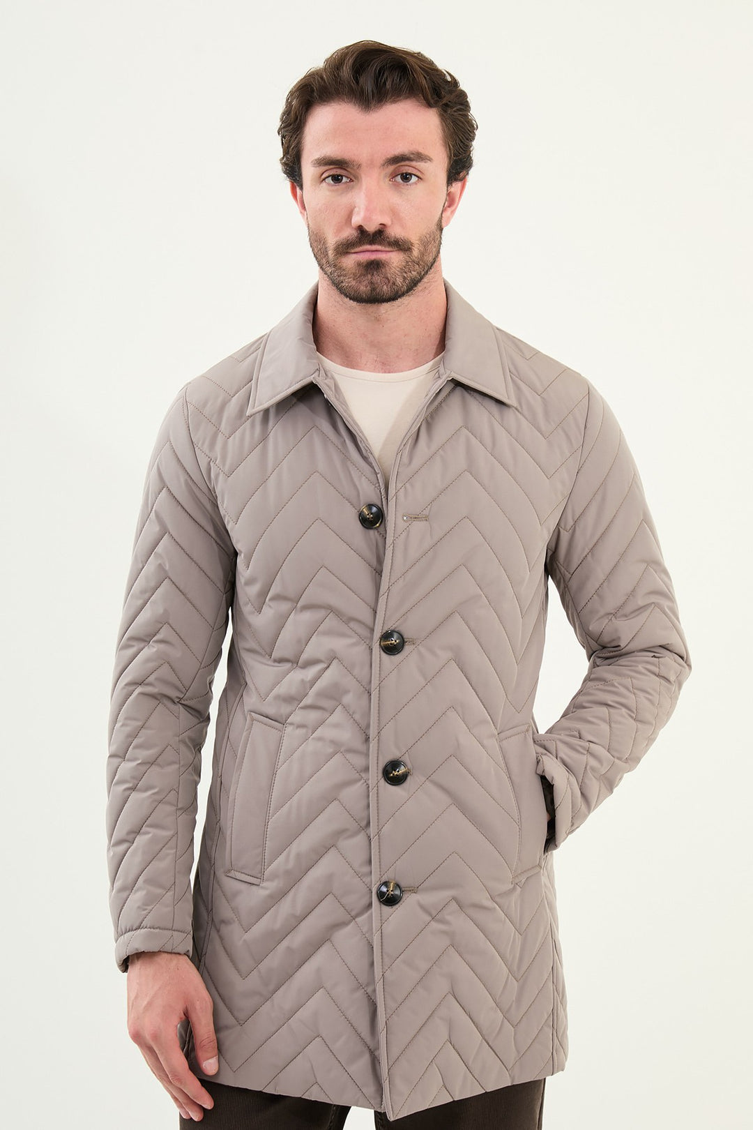 Chevron Quilted Button Jacket - Beige