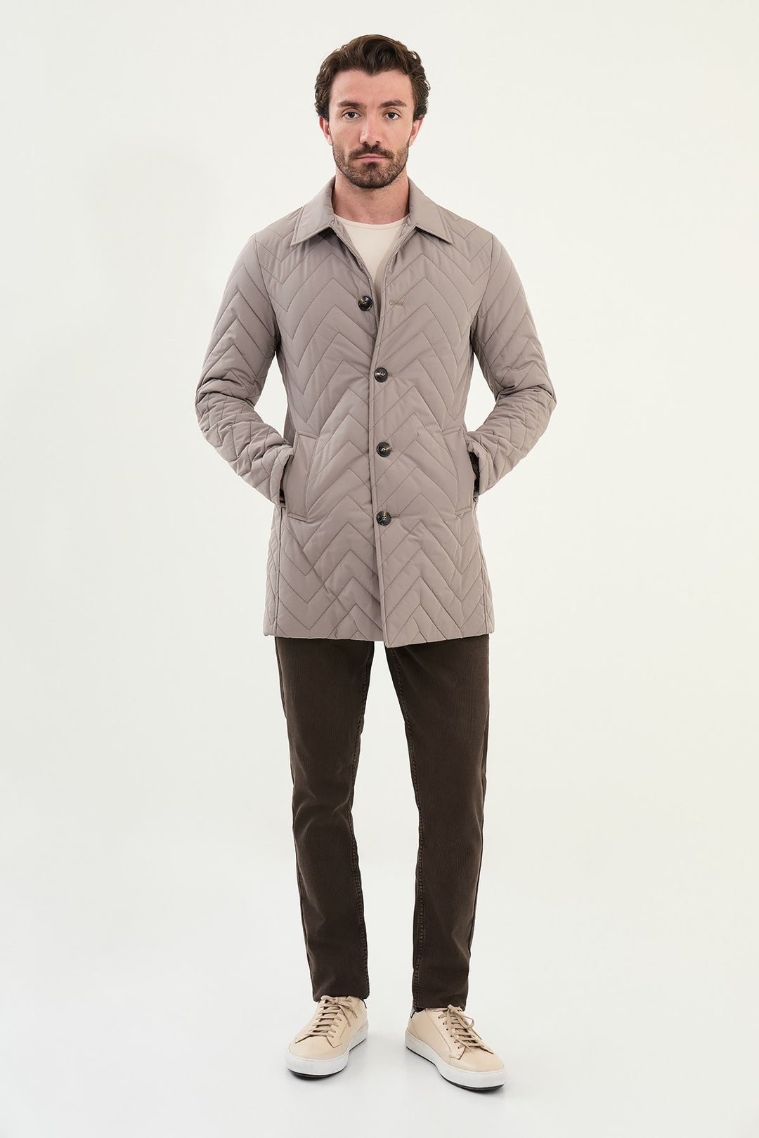 Chevron Quilted Button Jacket - Beige