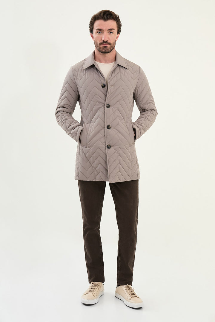 Chevron Quilted Button Jacket - Beige