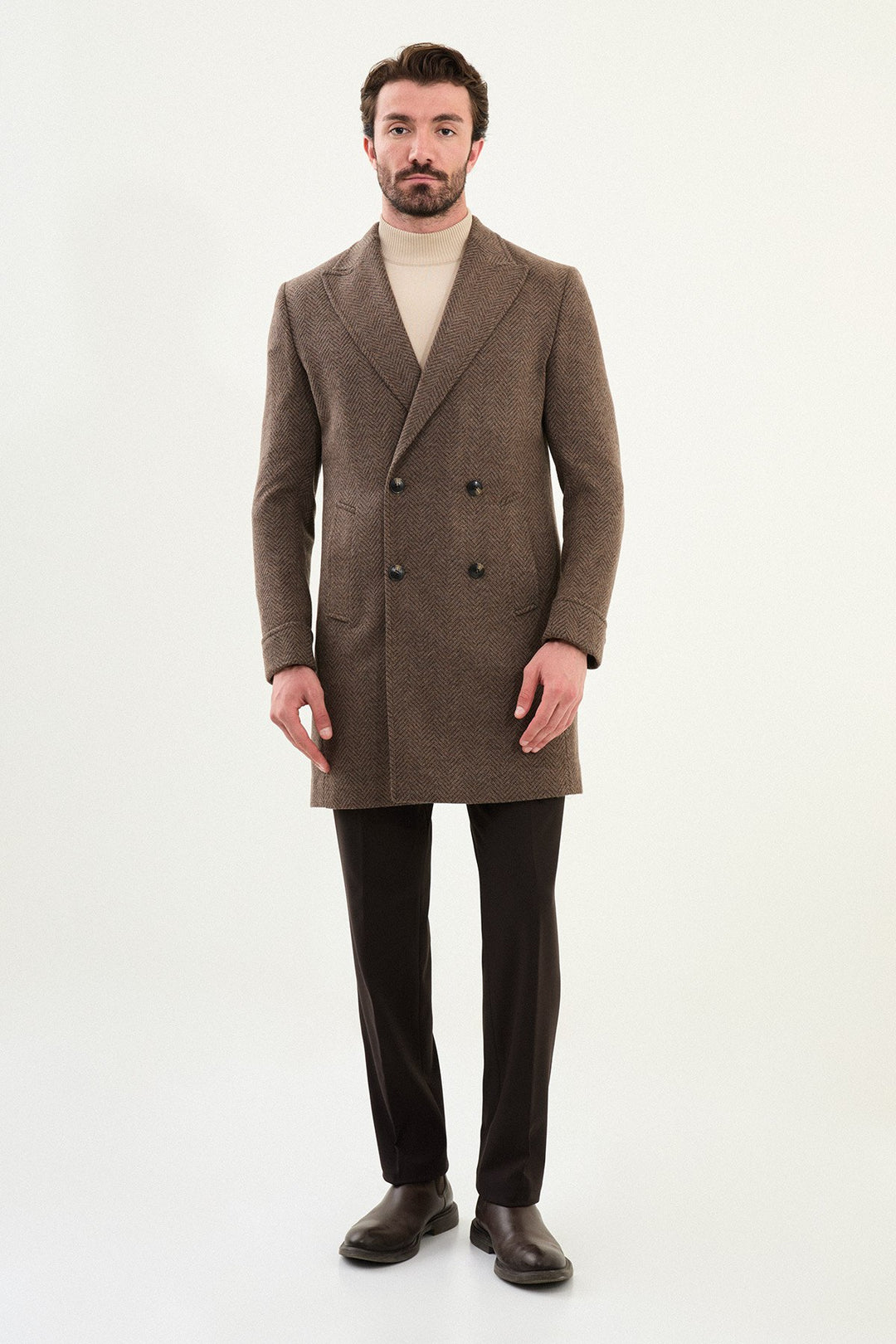 Herringbone Double-Breasted Overcoat - Brown