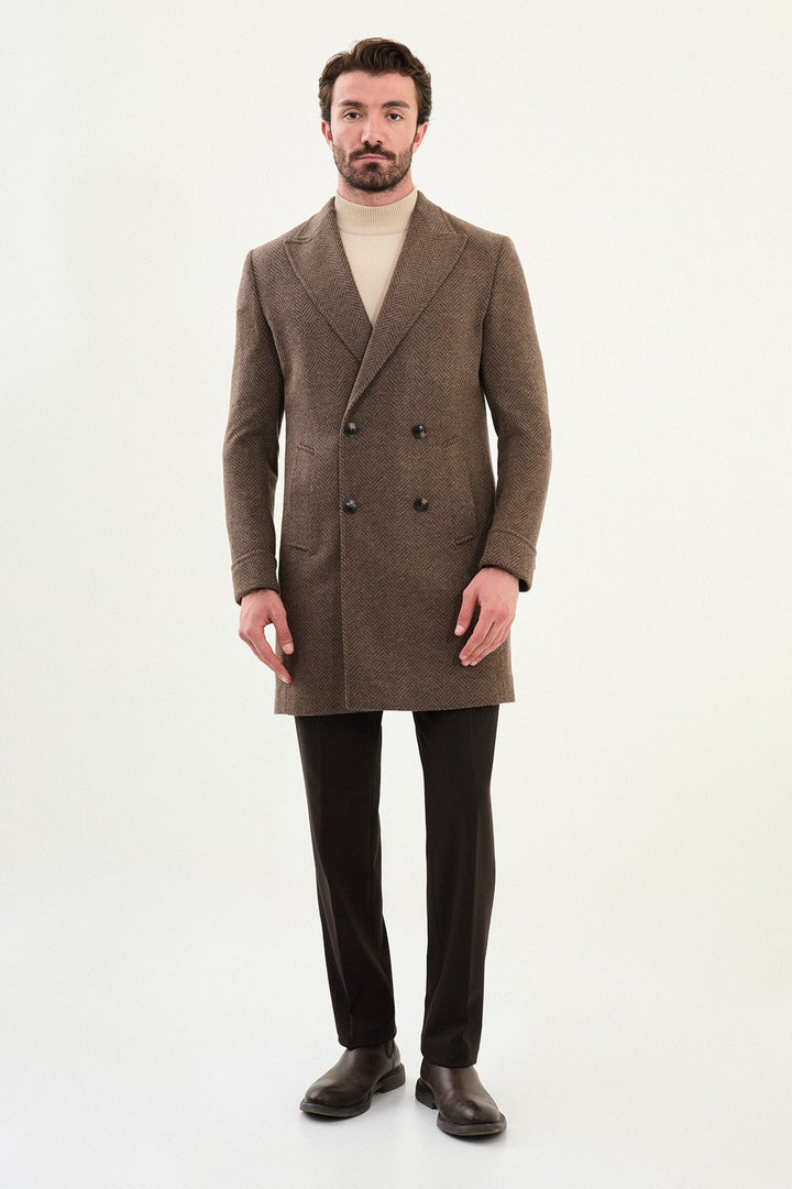 Herringbone Double-Breasted Overcoat - Brown