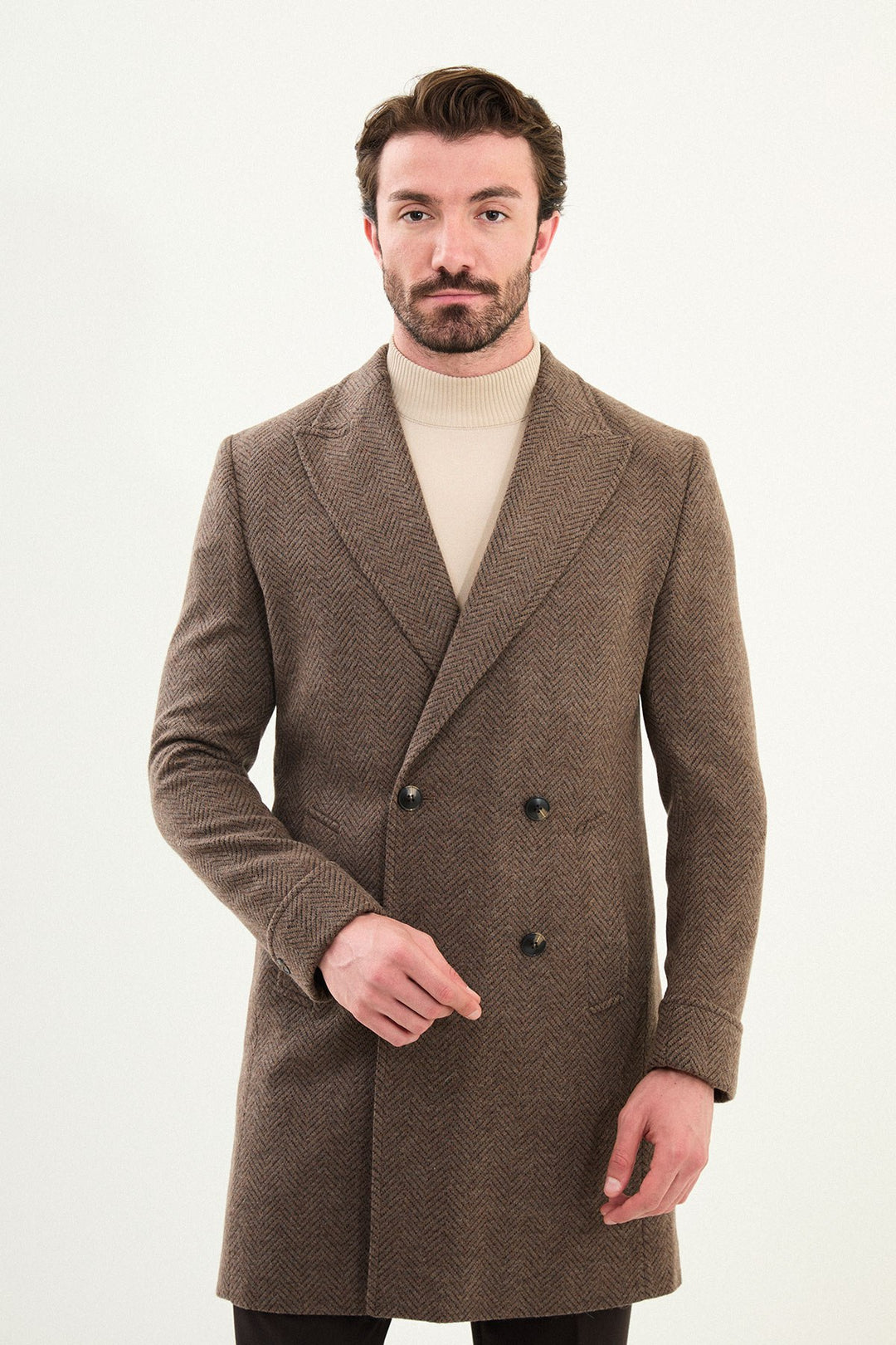 Herringbone Double-Breasted Overcoat - Brown
