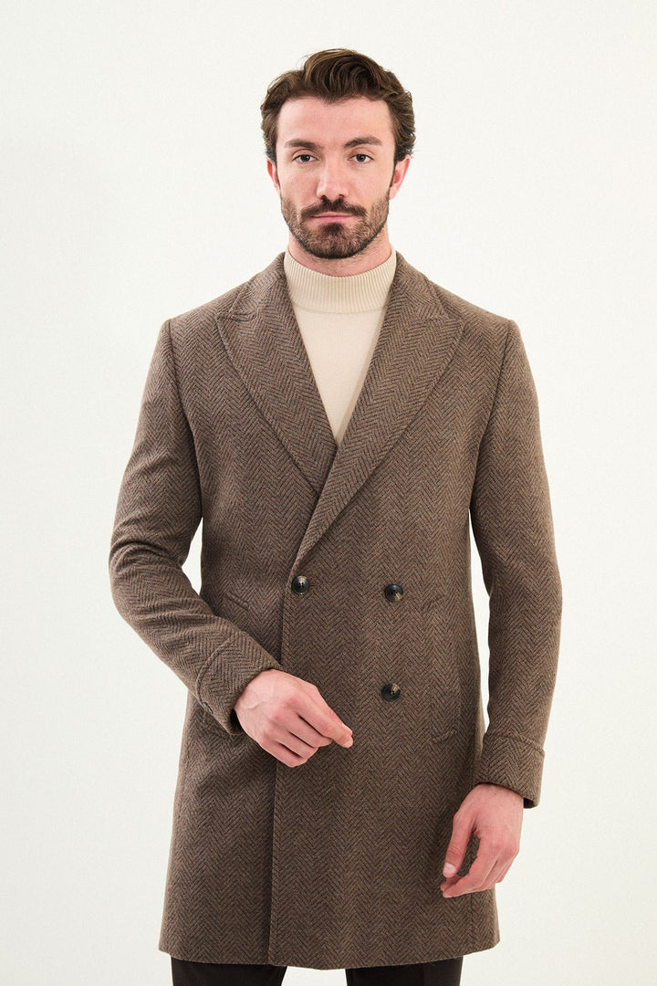 Herringbone Double-Breasted Overcoat - Brown