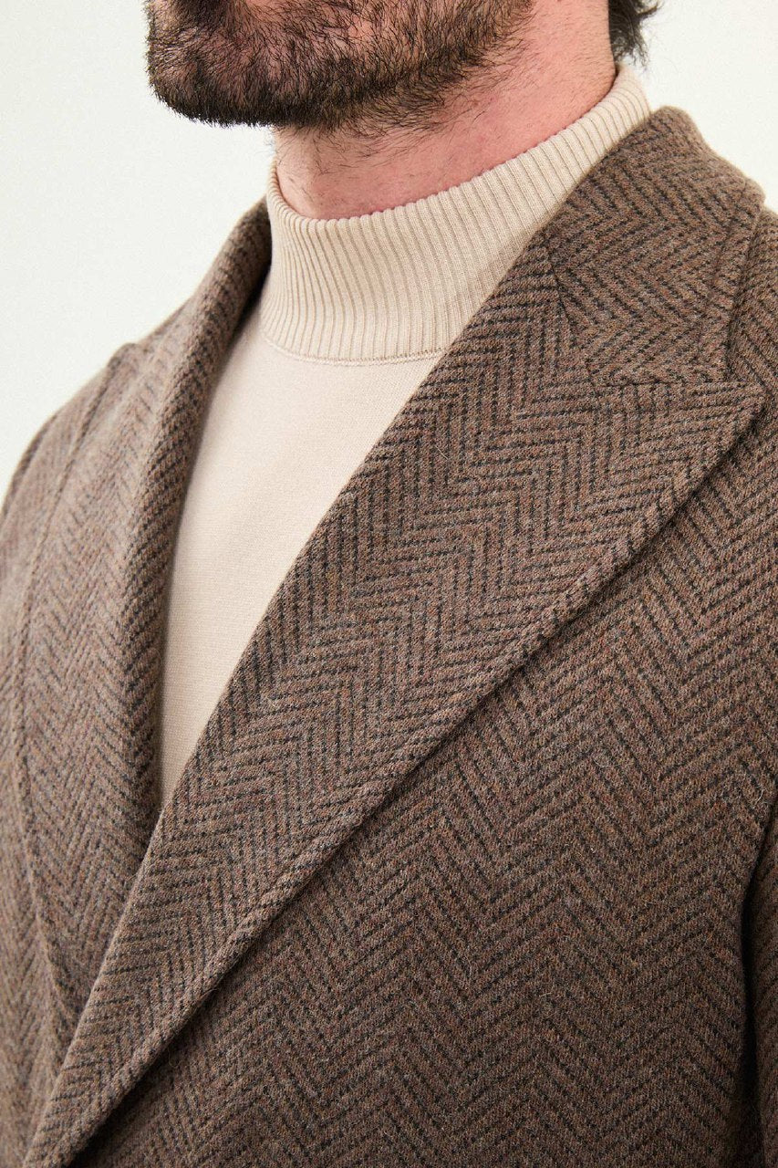 Herringbone Double-Breasted Overcoat - Brown