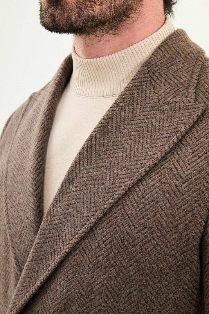 Herringbone Double-Breasted Overcoat - Brown