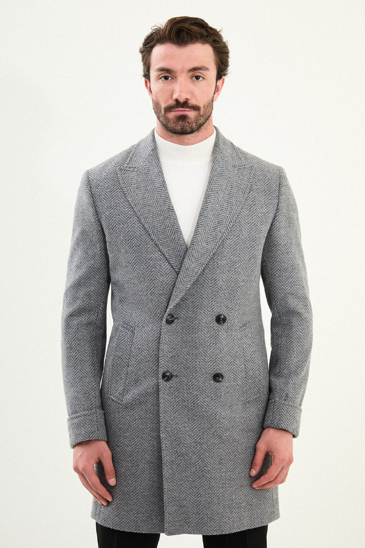 Herringbone Double-Breasted Overcoat - Grey