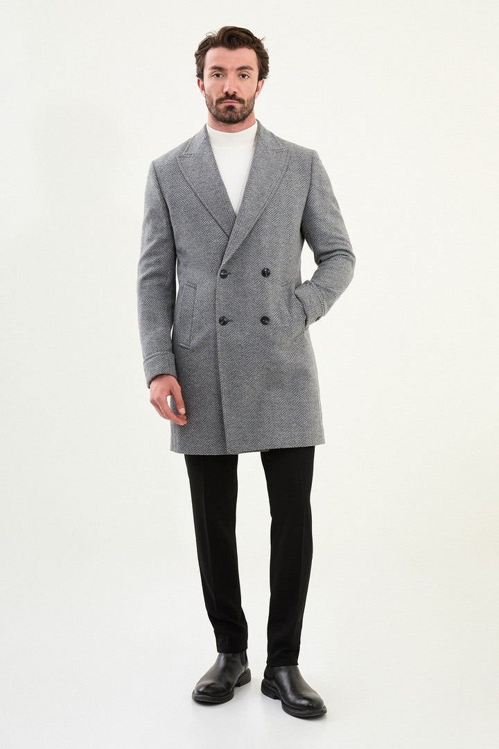 Herringbone Double-Breasted Overcoat - Grey