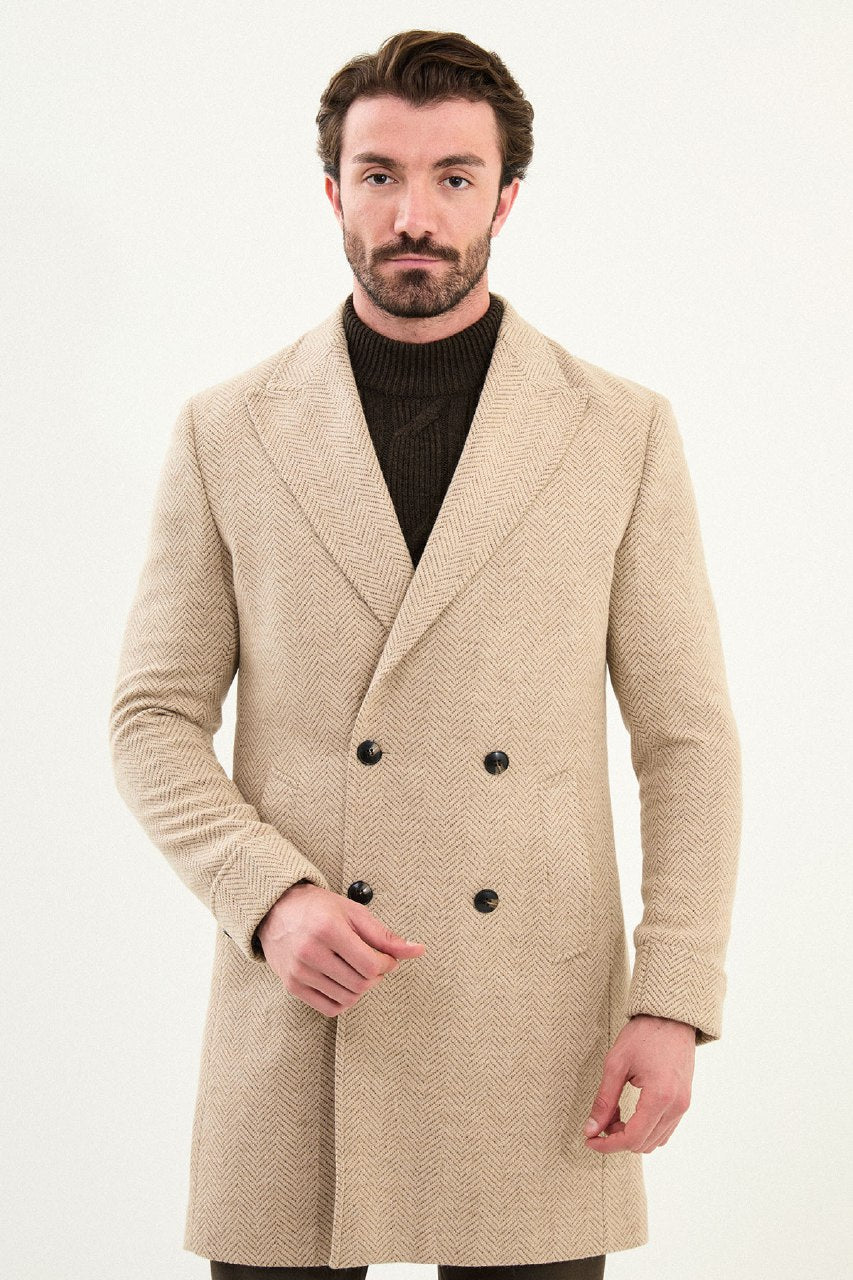 Herringbone Double-Breasted Overcoat - Beige
