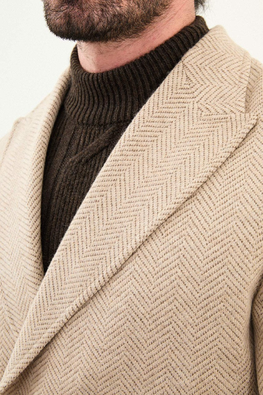Herringbone Double-Breasted Overcoat - Beige