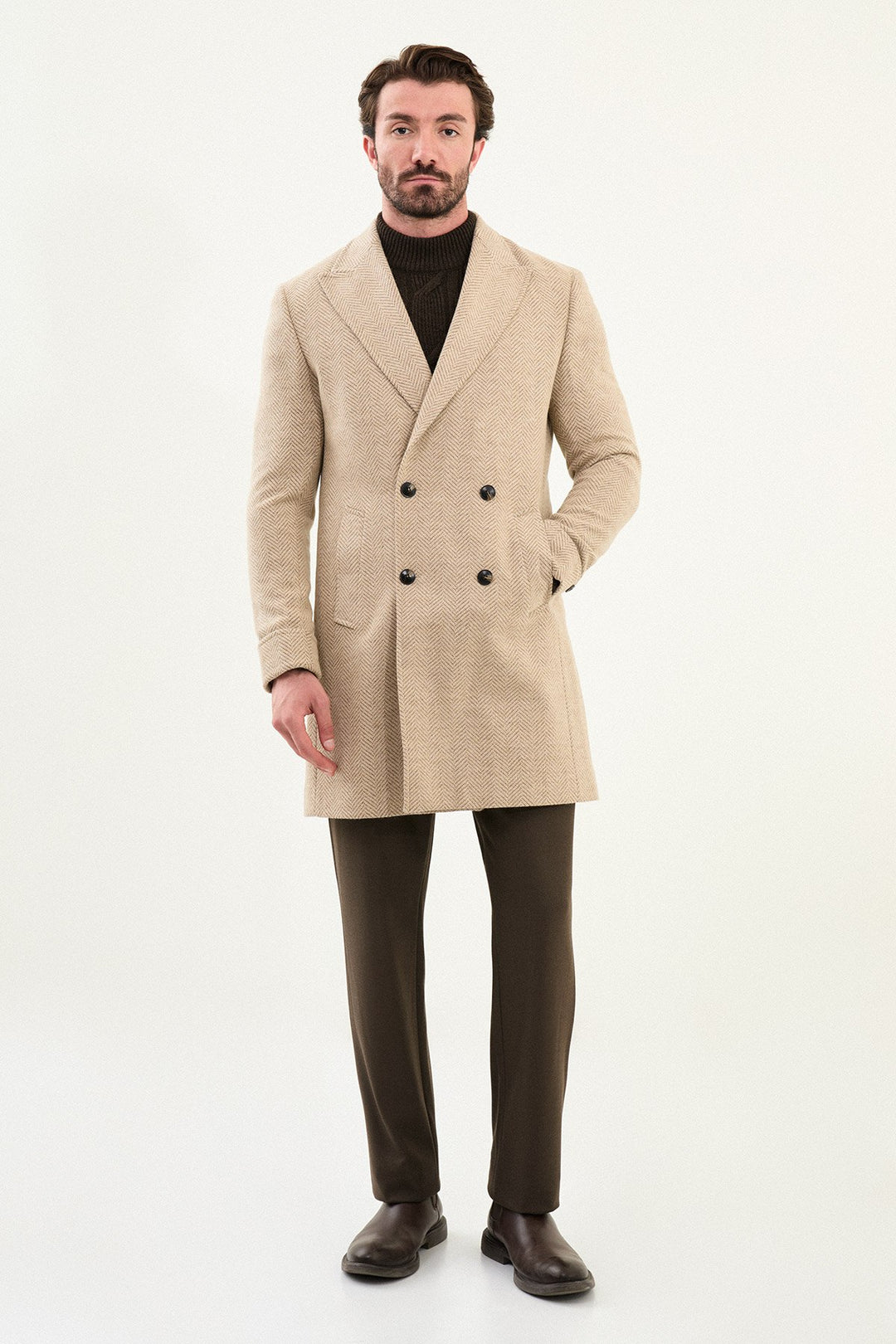 Herringbone Double-Breasted Overcoat - Beige