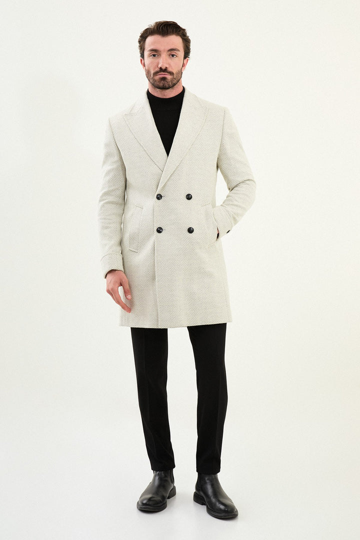 Herringbone Double-Breasted Overcoat - Ecru