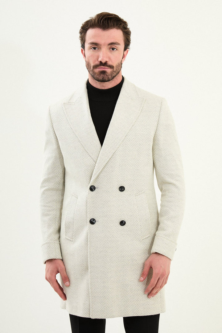 Herringbone Double-Breasted Overcoat - Ecru