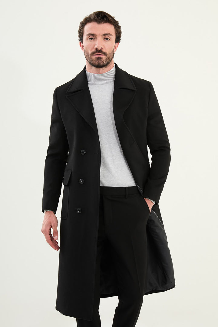 Classic Double-Breasted Overcoat - Black