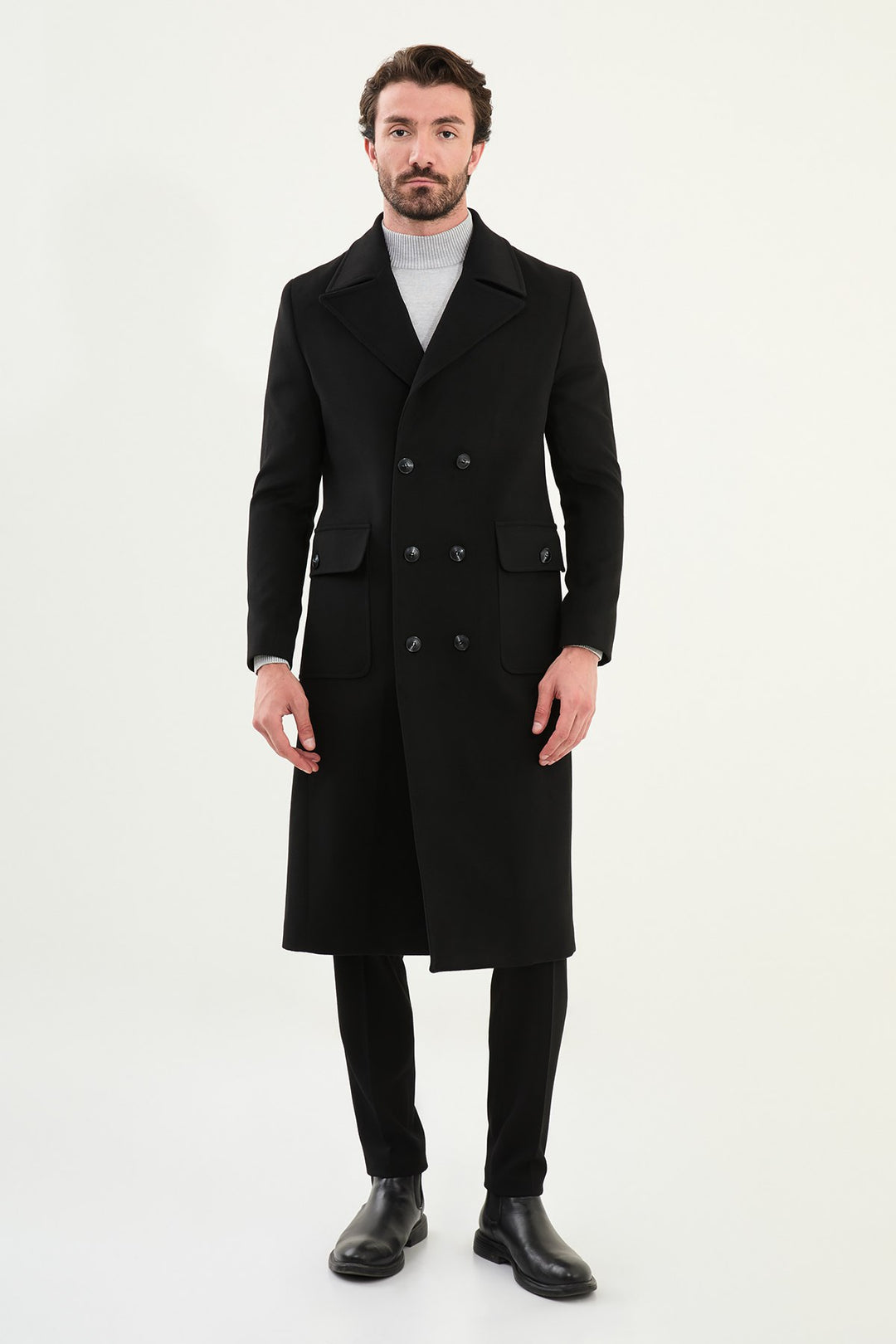 Classic Double-Breasted Overcoat - Black