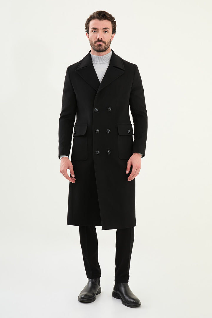 Classic Double-Breasted Overcoat - Black