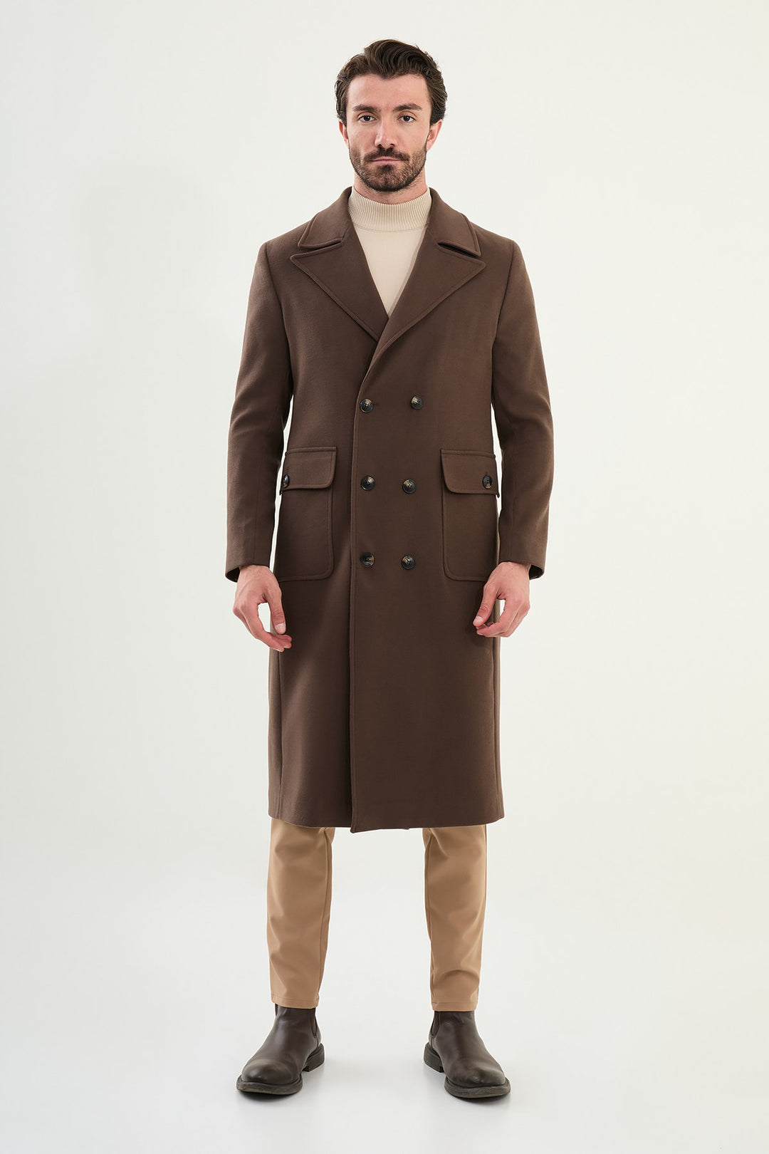 Classic Double-Breasted Overcoat - Brown