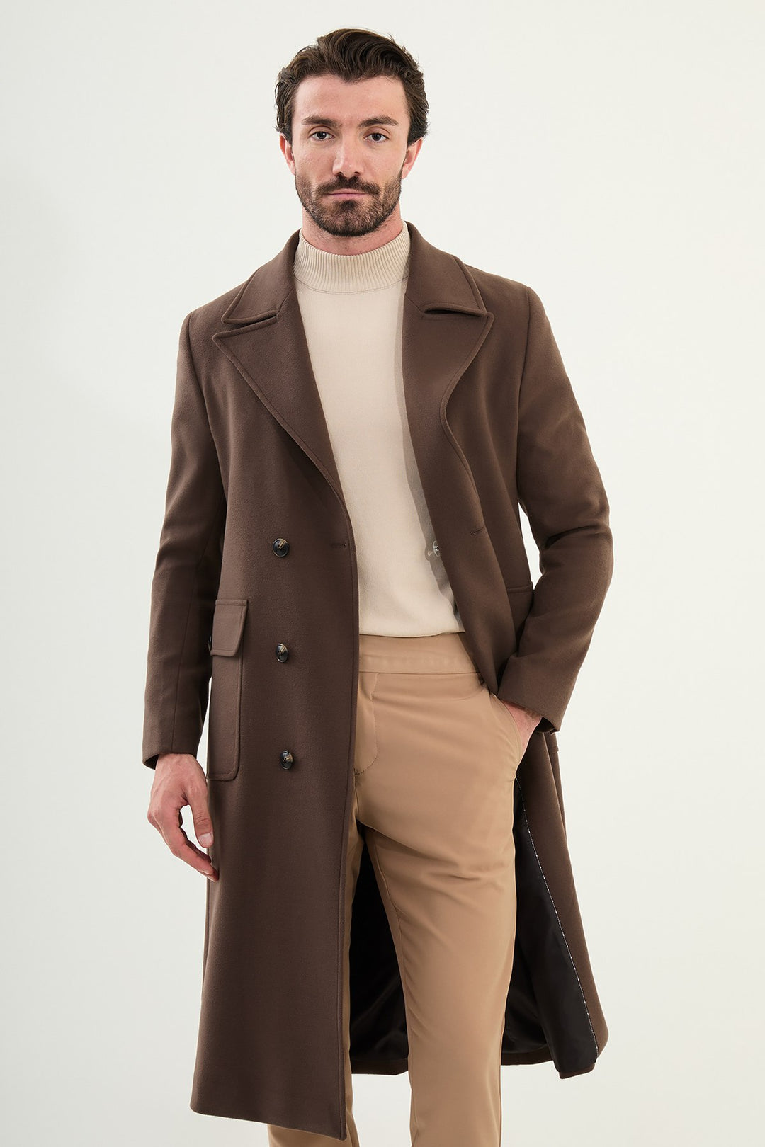 Classic Double-Breasted Overcoat - Brown