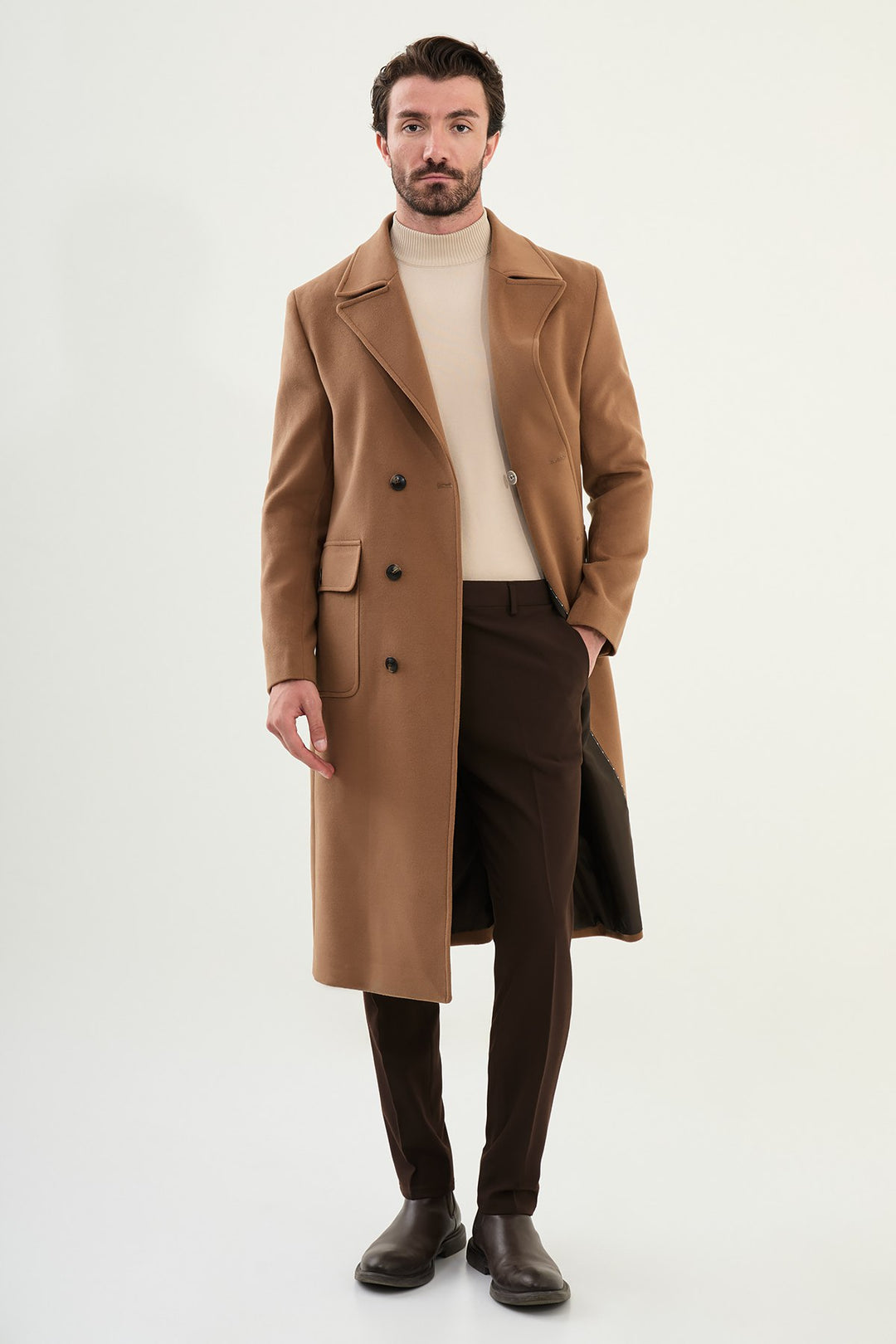 Classic Double-Breasted Overcoat - Camel