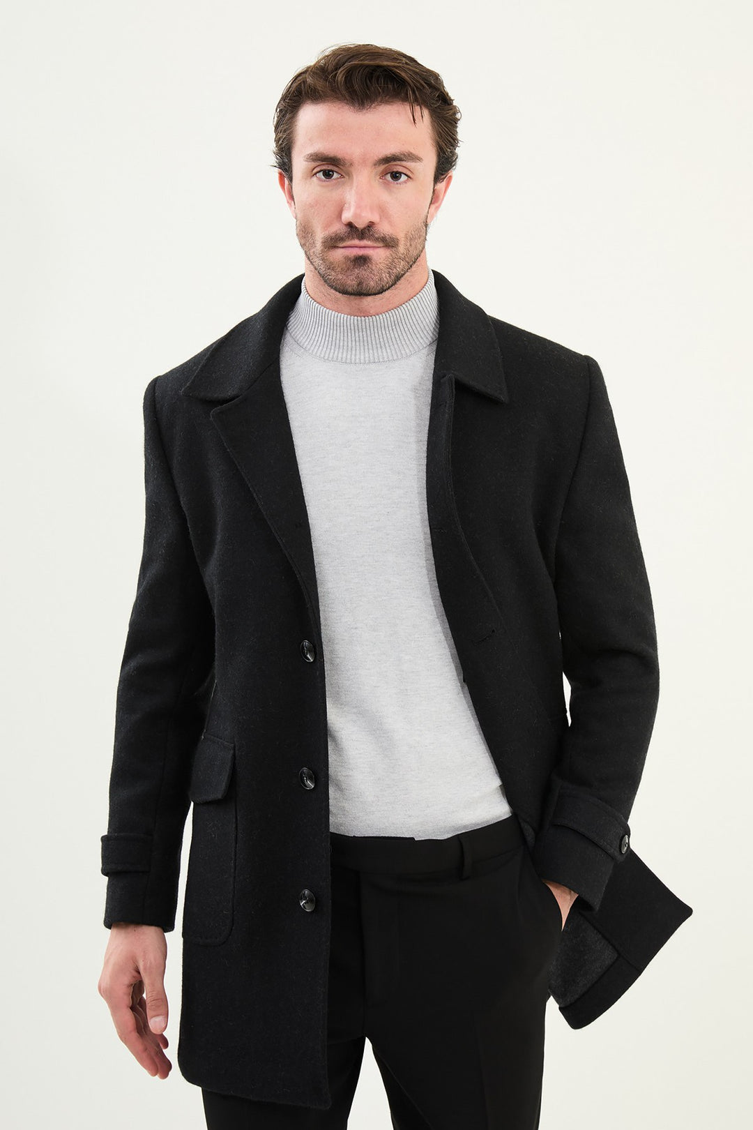 Single-Breasted Wool Overcoat - Black