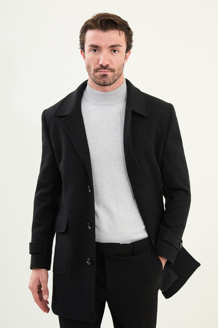 Single-Breasted Wool Overcoat - Black