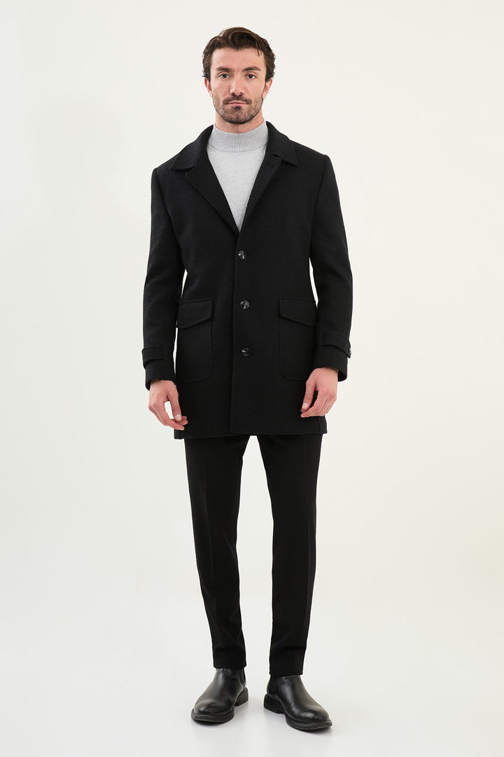Single-Breasted Wool Overcoat - Black