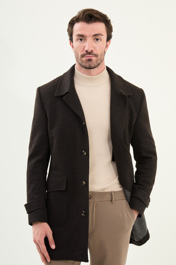 Single-Breasted Wool Overcoat - Brown