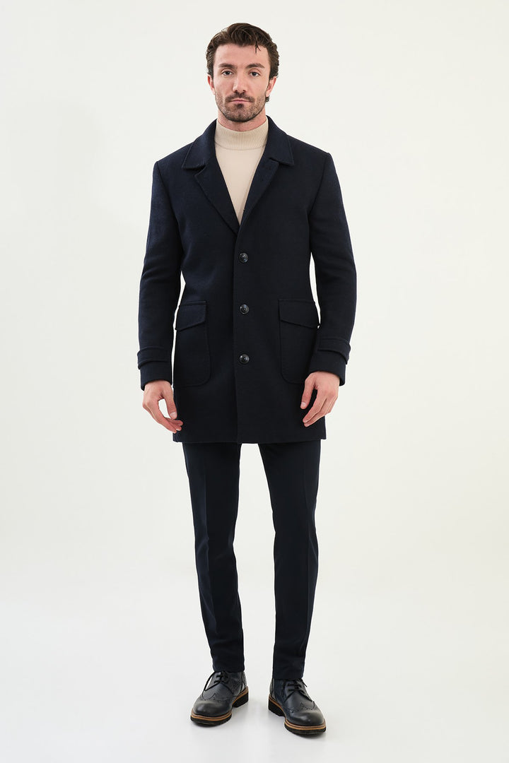 Single-Breasted Wool Overcoat - Navy Blue