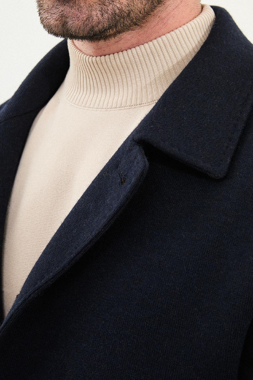 Single-Breasted Wool Overcoat - Navy Blue