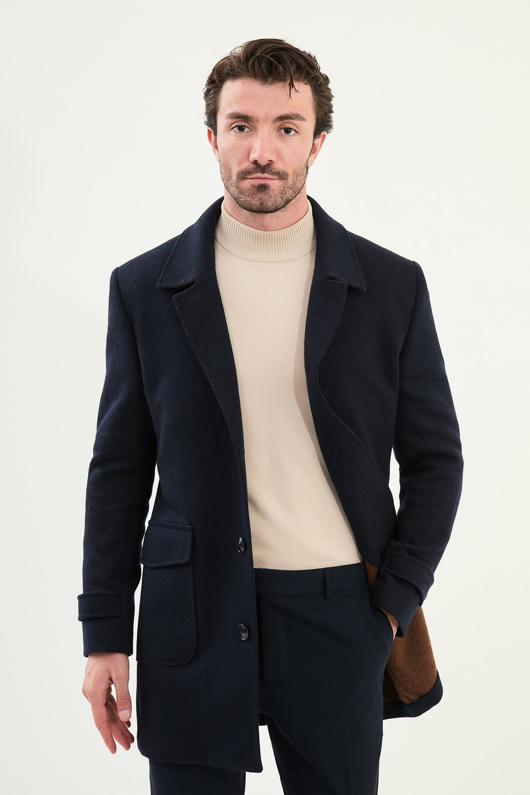 Single-Breasted Wool Overcoat - Navy Blue