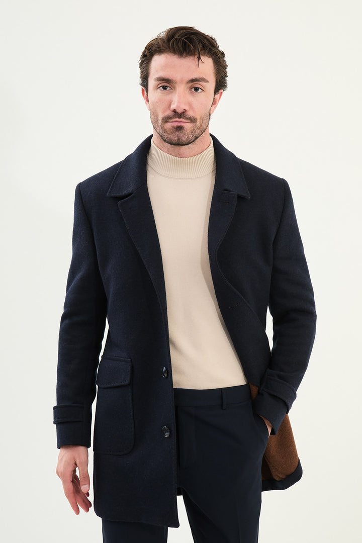 Single-Breasted Wool Overcoat - Navy Blue