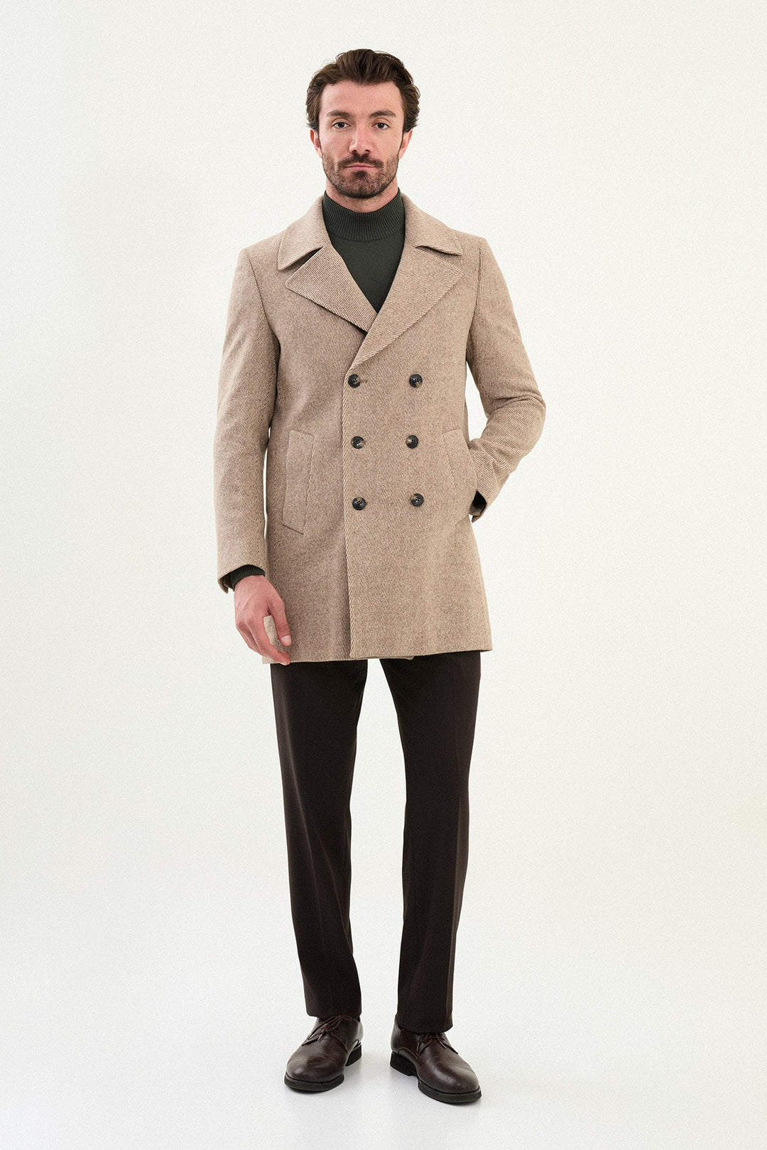 Double-Breasted Wool Peacoat - Beige