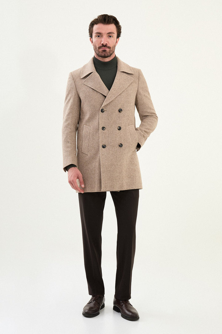 Double-Breasted Wool Peacoat - Beige