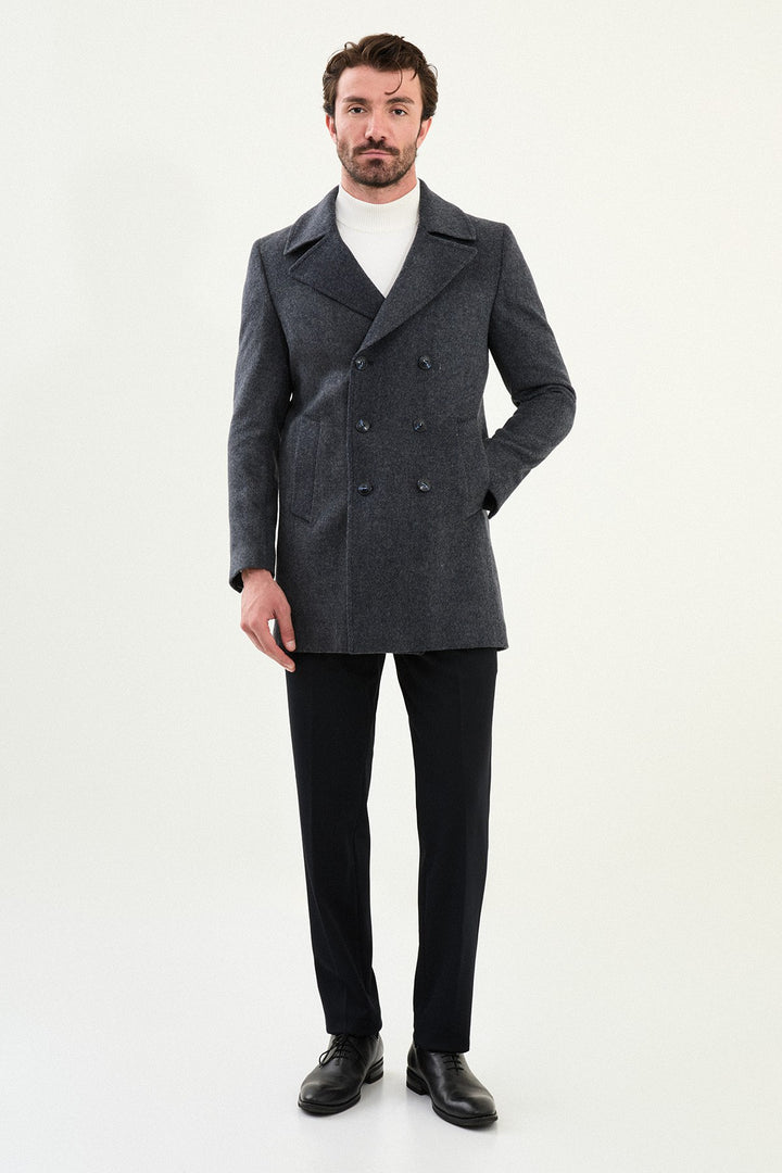 Double-Breasted Wool Peacoat - Dark Grey