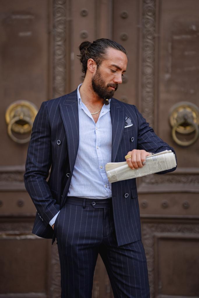 Pointed Collar Double-breasted Slim Fit Suit - Blue